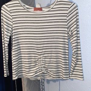 White shirt with grey and black stripes. Good condition only used once (try on).